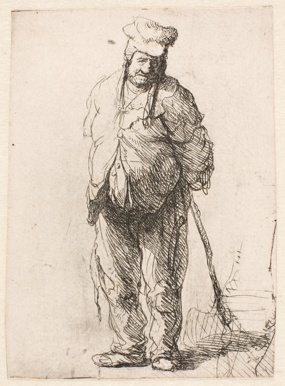 Un campesino harapiento con las manos a la espalda, sosteniendo un palo de Rembrandt van Rijn