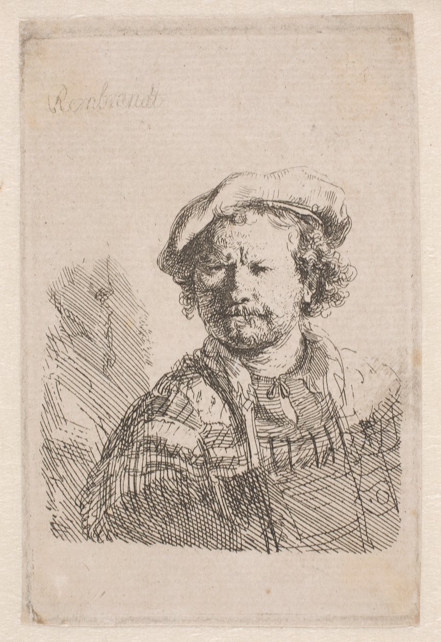 Rembrandt con gorra plana y chal sobre los hombros de Rembrandt van Rijn