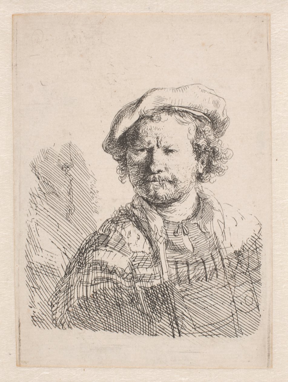 Rembrandt con una gorra plana y un chal sobre los hombros de Rembrandt van Rijn