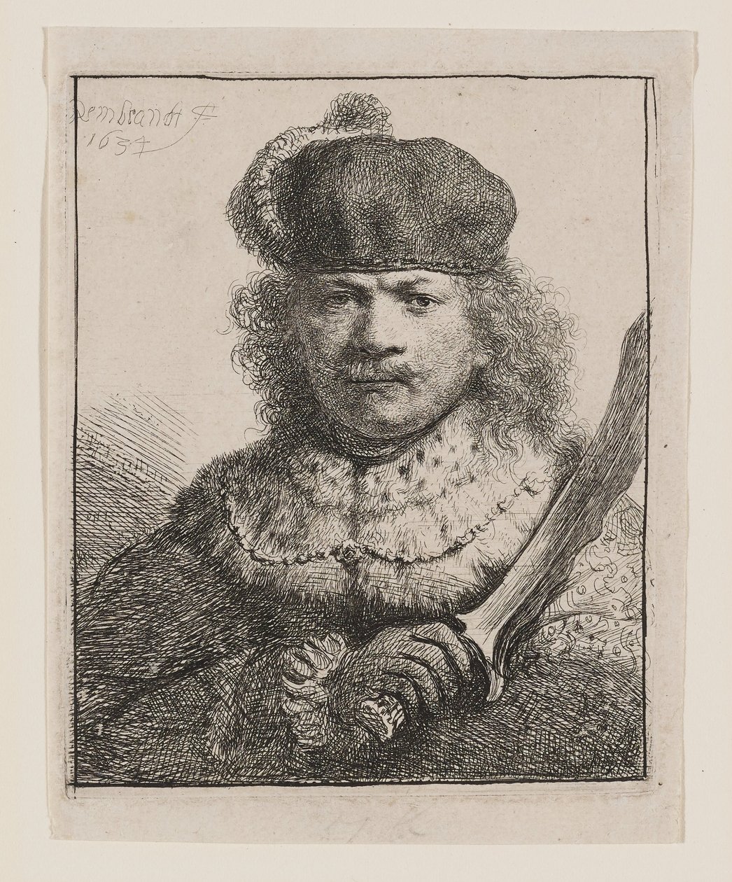 Rembrandt con el sable en alto de Rembrandt van Rijn