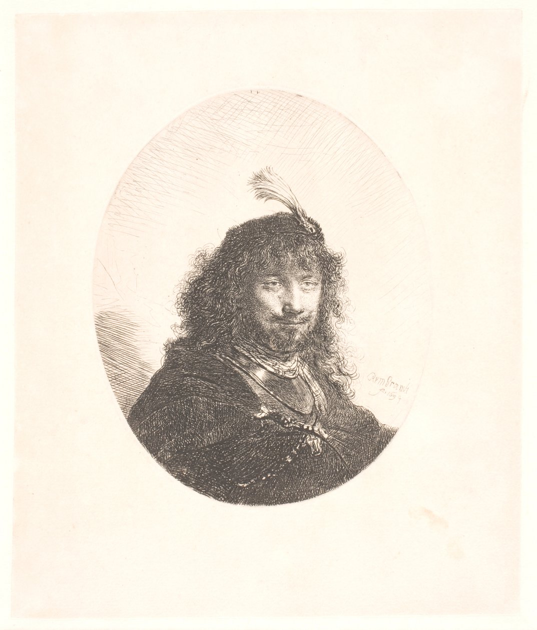 Rembrandt con gorro emplumado y sable bajado: retrato de tres cuartos; posteriormente, busto en óvalo de Rembrandt van Rijn