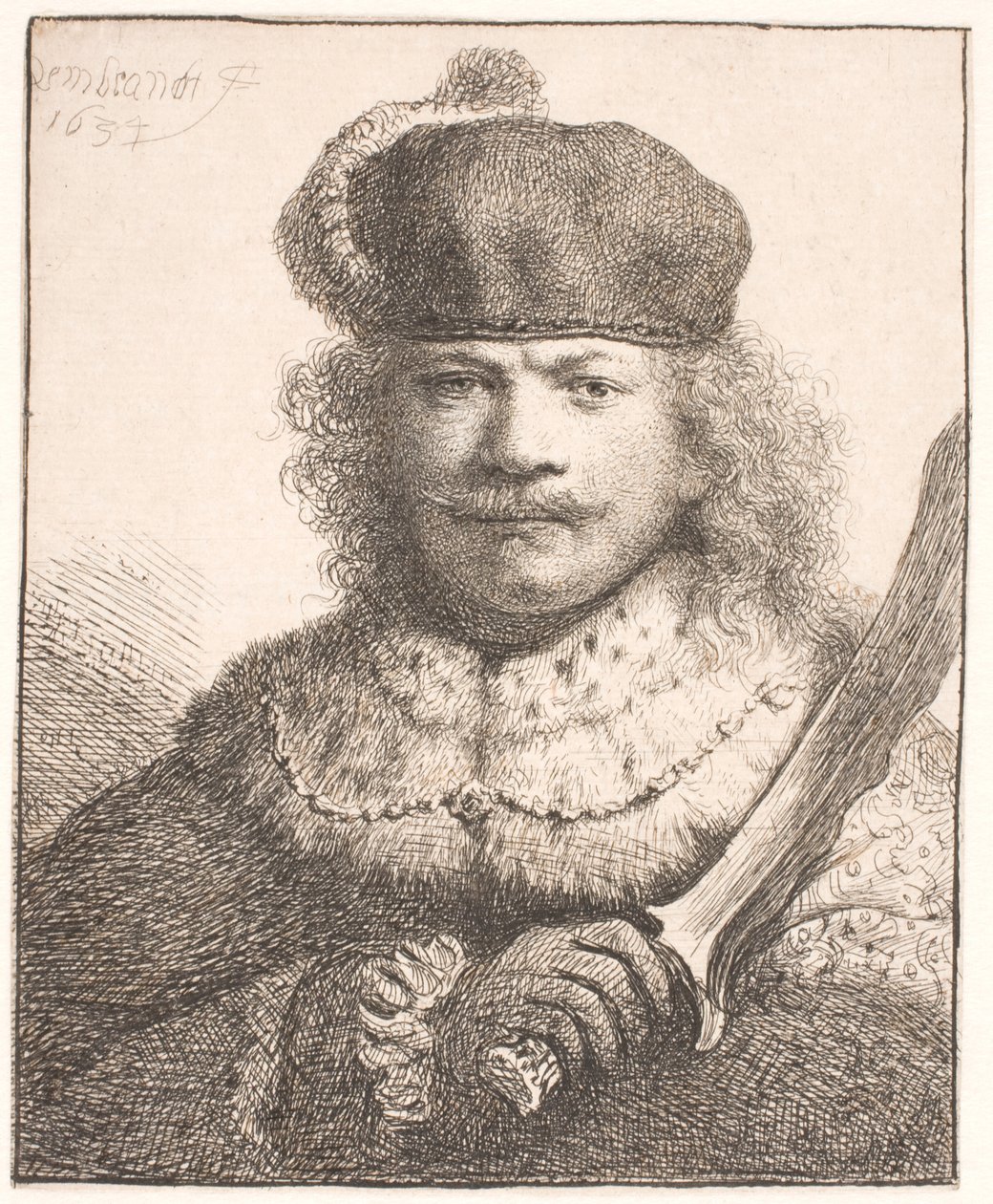 Rembrandt con el sable en alto: retrato de medio cuerpo de Rembrandt van Rijn