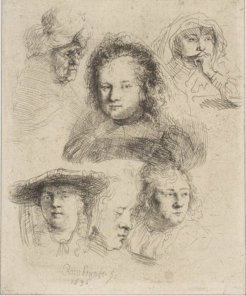 Esposa de Rembrandt y otras cinco cabezas de Rembrandt van Rijn