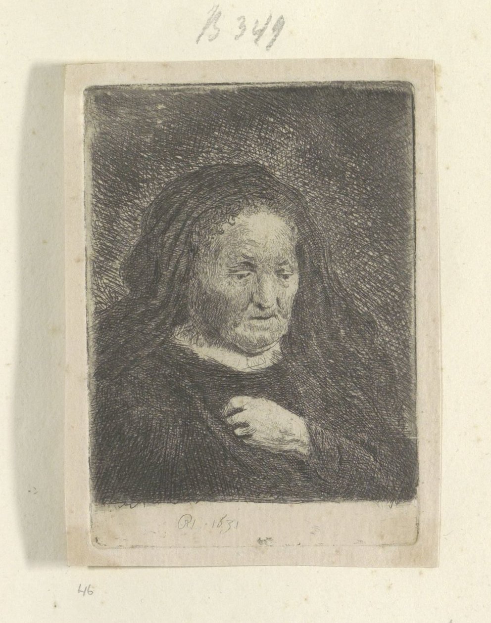 La madre de Rembrandt con la mano en el pecho: busto pequeño Recueil de quatre-vingt-cinq estampes originales (título de la serie) de Rembrandt van Rijn