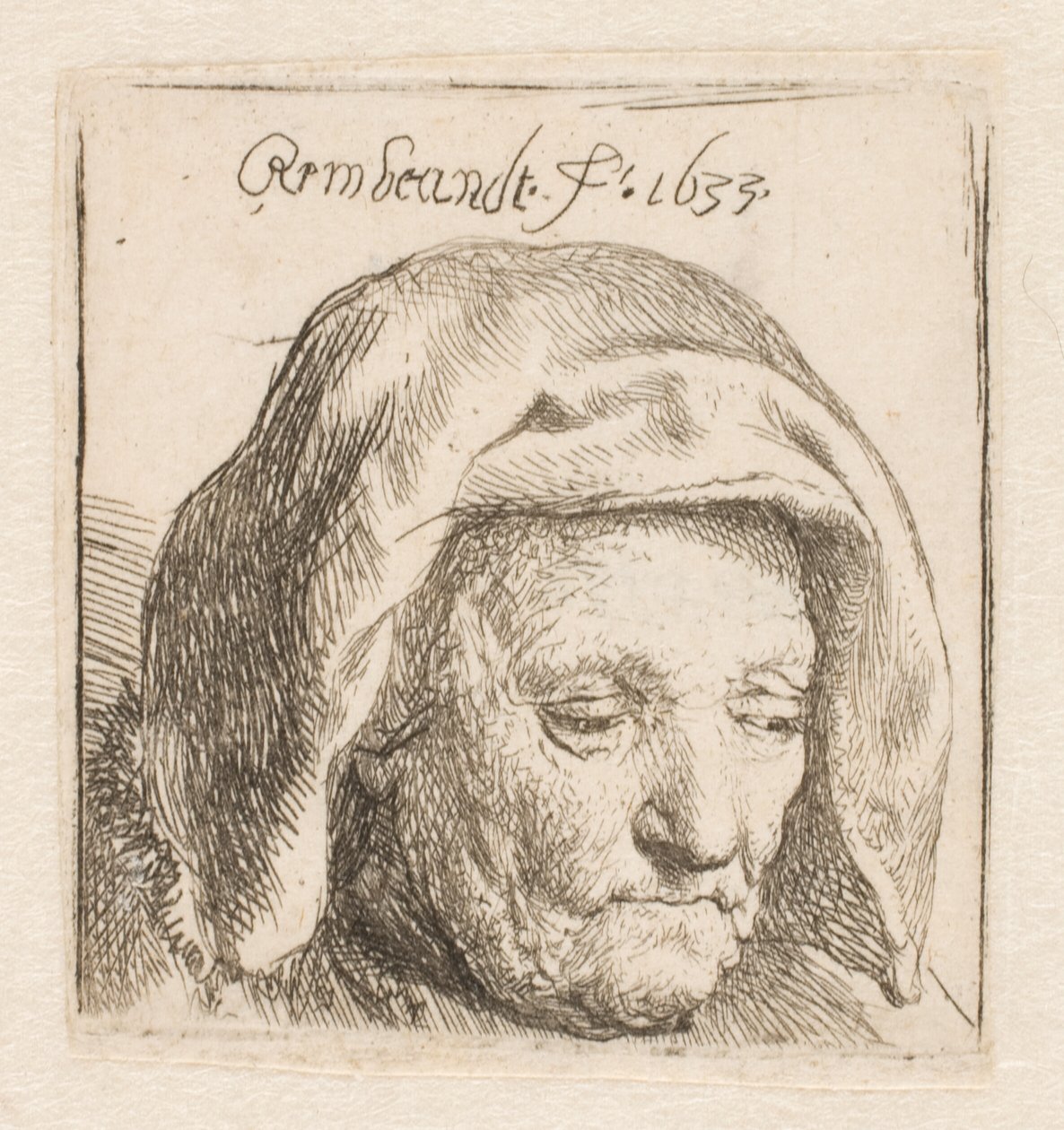 La madre de Rembrandt con un tocado de tela, mirando hacia abajo: solo la cabeza de Rembrandt van Rijn