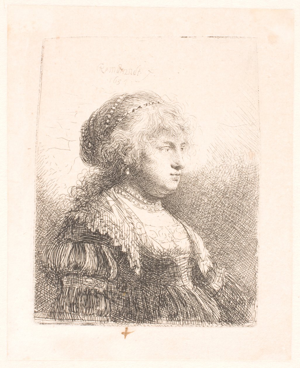 Saskia, la esposa de Rembrandt, con perlas en el pelo, busto de Rembrandt van Rijn