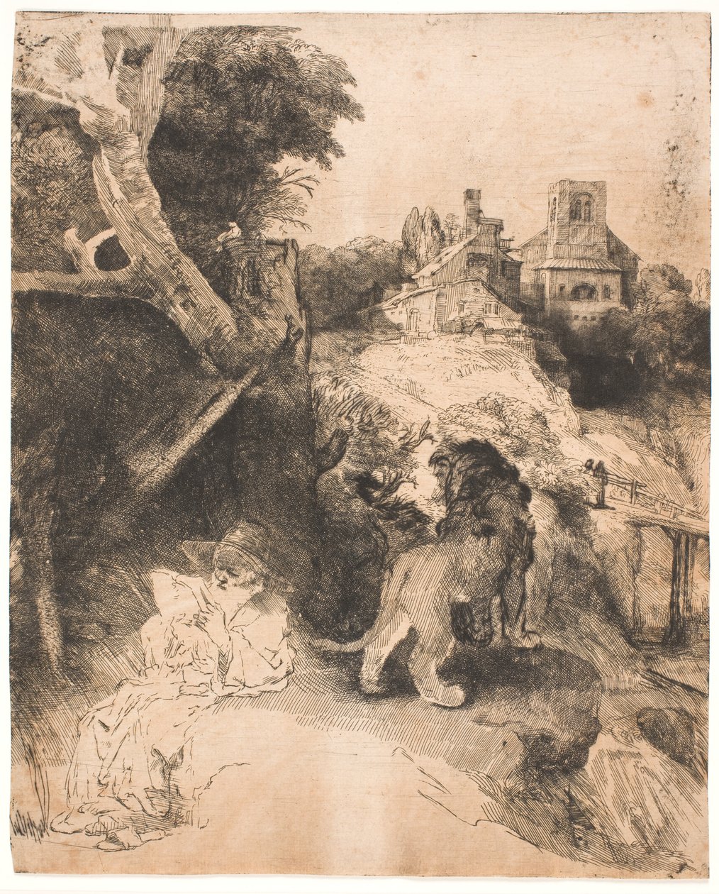 San Jerónimo leyendo, en un paisaje italiano de Rembrandt van Rijn