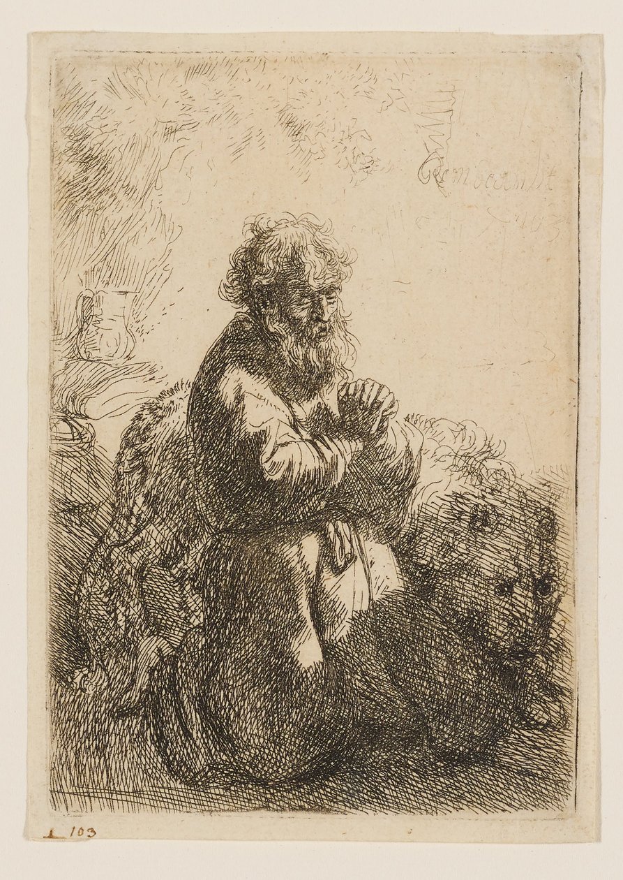 San Jerónimo, arrodillado en oración, con la mirada baja de Rembrandt van Rijn