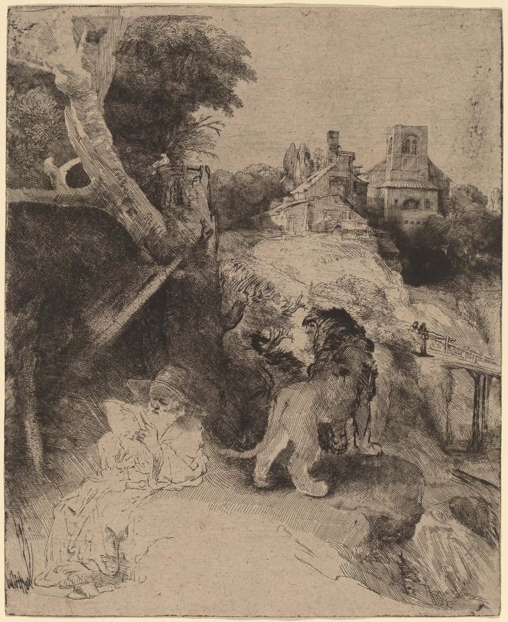 San Jerónimo leyendo en un paisaje italiano de Rembrandt van Rijn