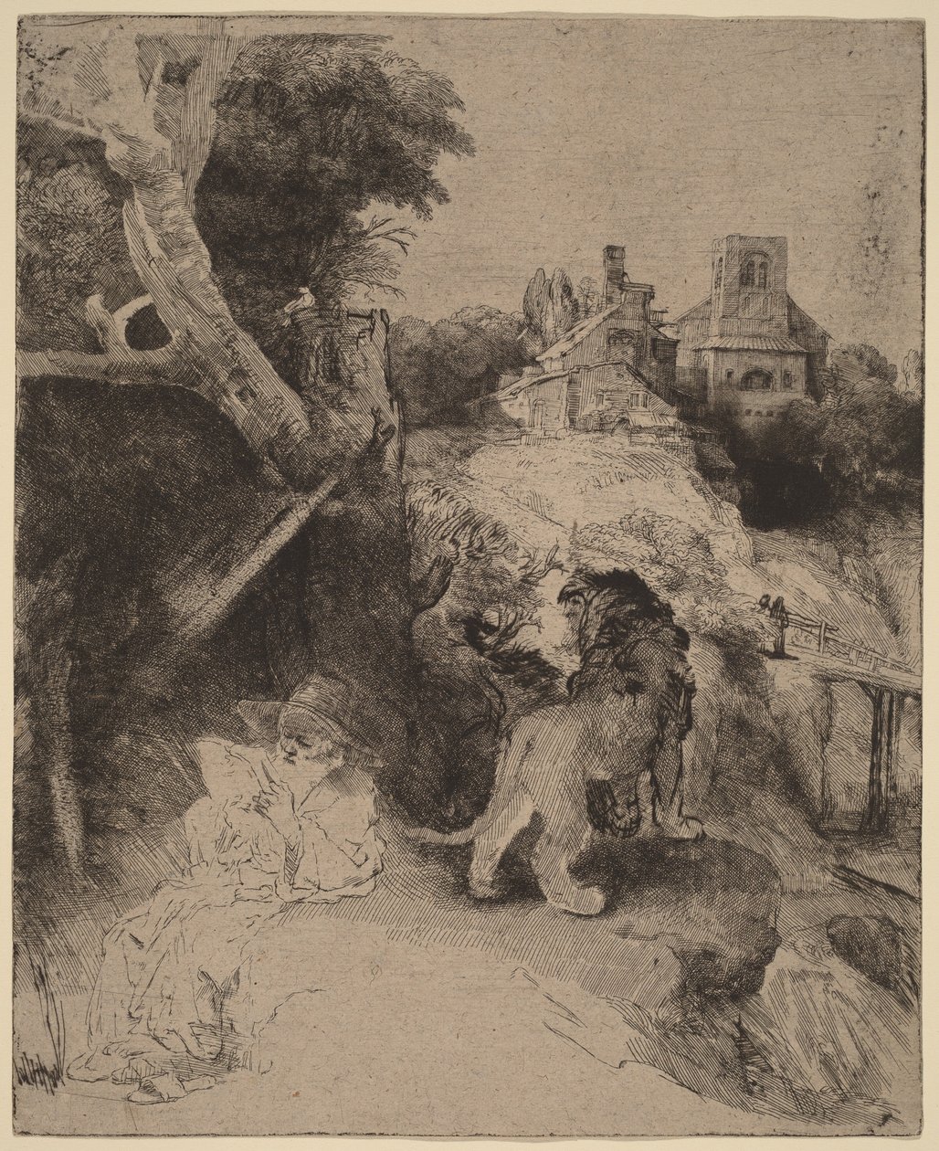 San Jerónimo leyendo en un paisaje italiano de Rembrandt van Rijn