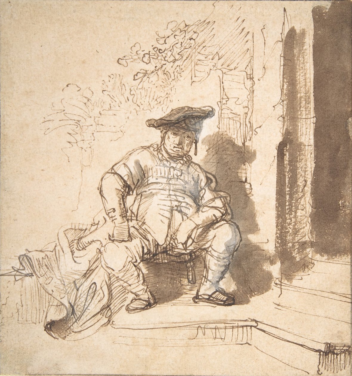 Hombre sentado con gorra plana de Rembrandt van Rijn