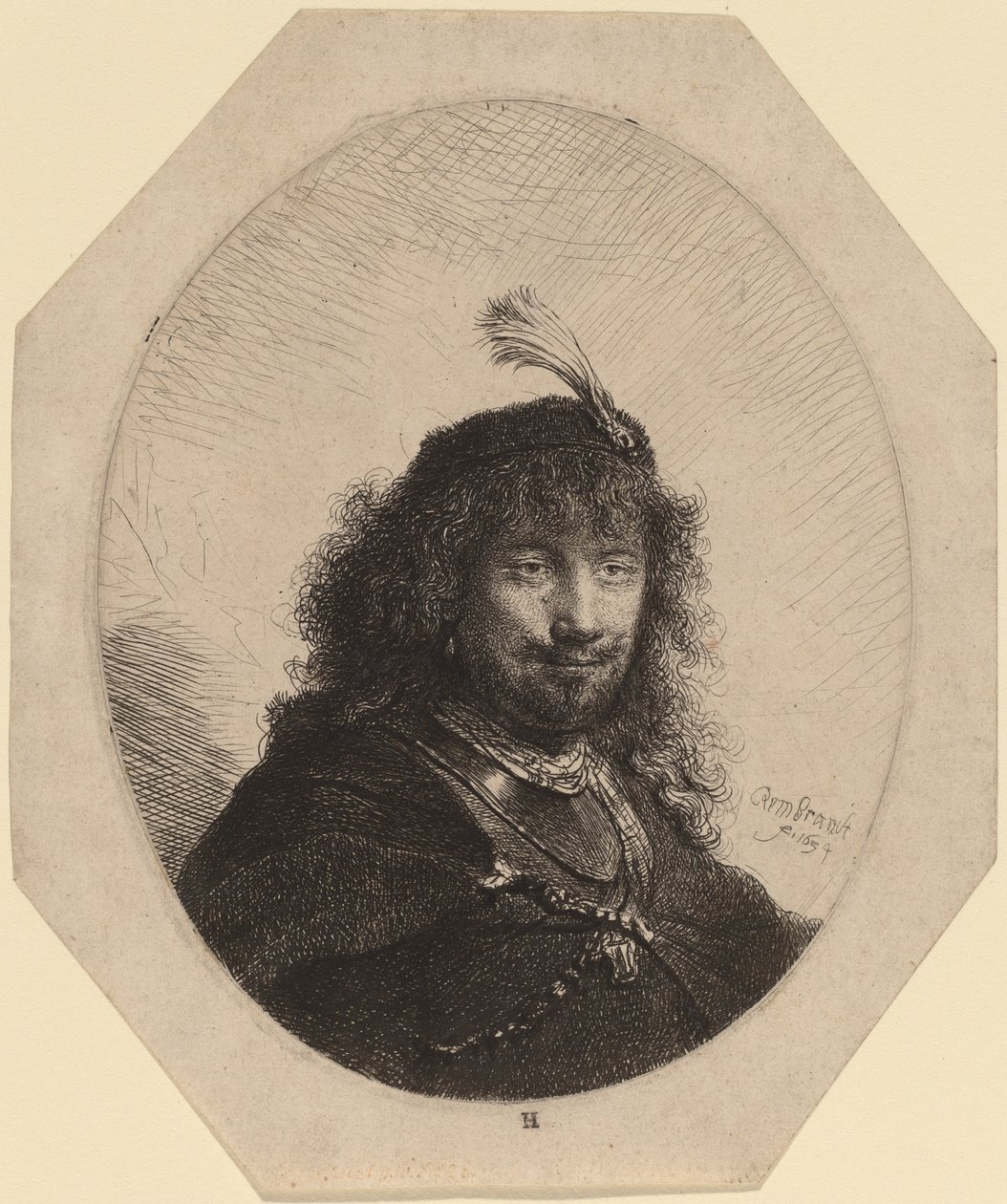 Autorretrato (?) con gorra emplumada y sable bajado de Rembrandt van Rijn
