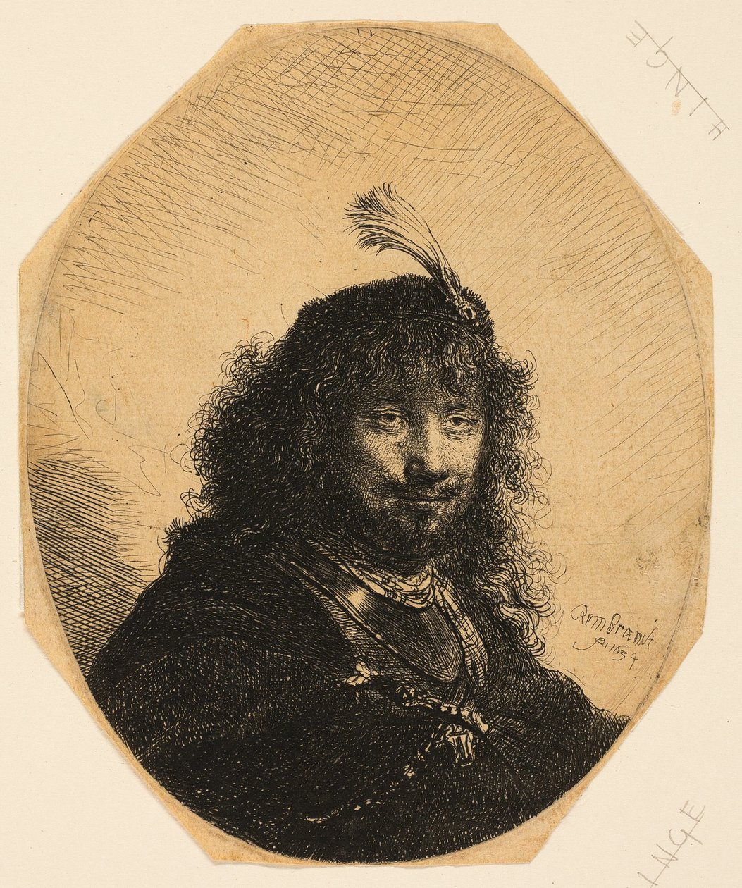 Autorretrato (?) con gorra emplumada y sable bajado de Rembrandt van Rijn