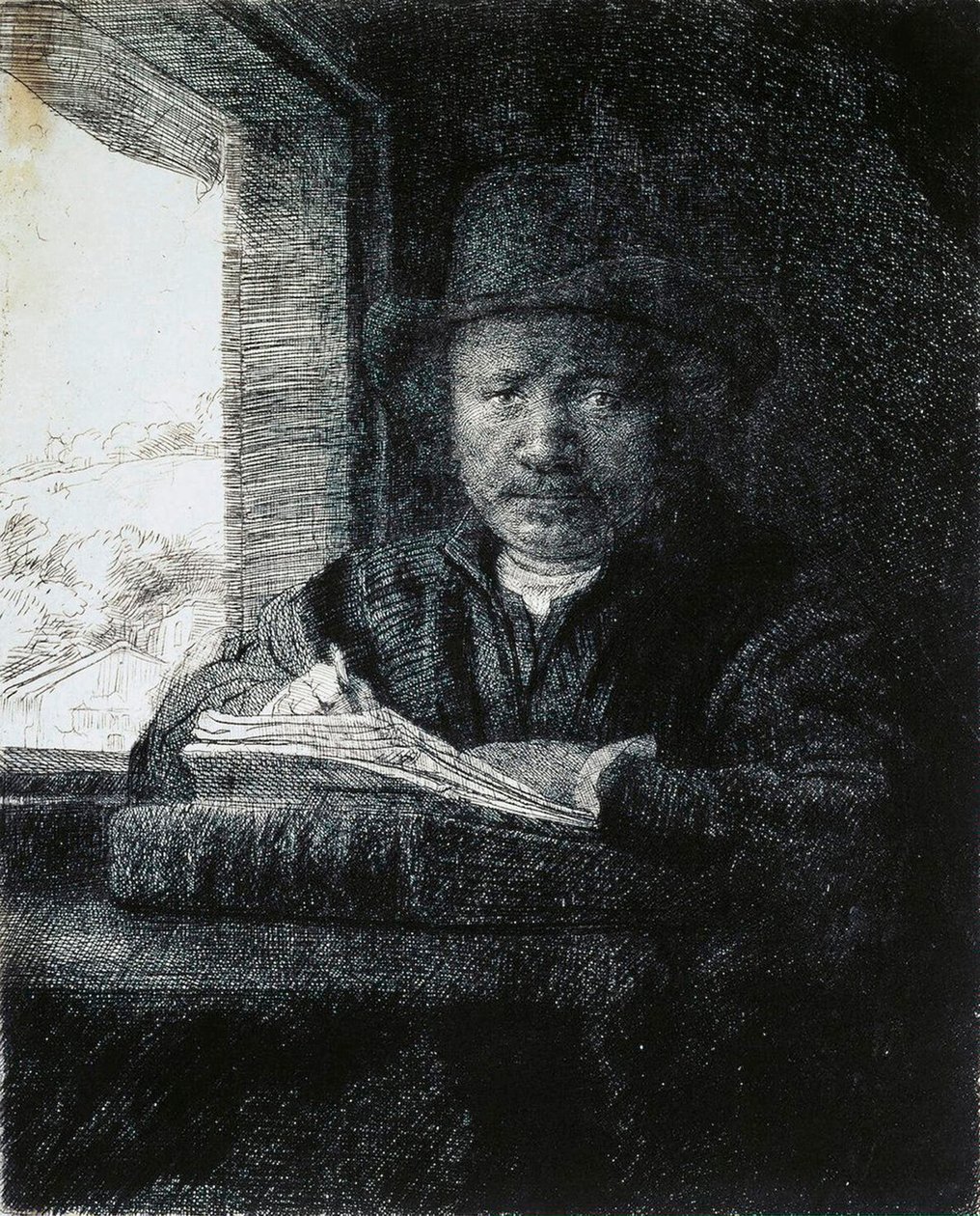Autorretrato dibujando junto a una ventana, 1648 de Rembrandt van Rijn