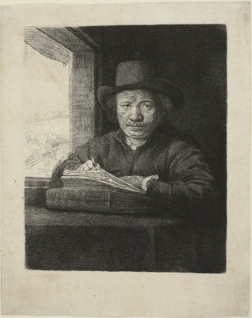 Autorretrato grabado en una ventana de Rembrandt van Rijn