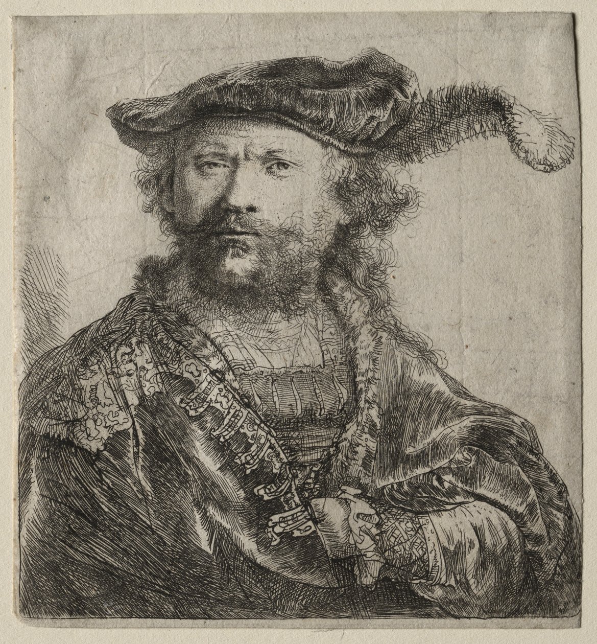 Autorretrato con gorra de terciopelo y pluma de Rembrandt van Rijn