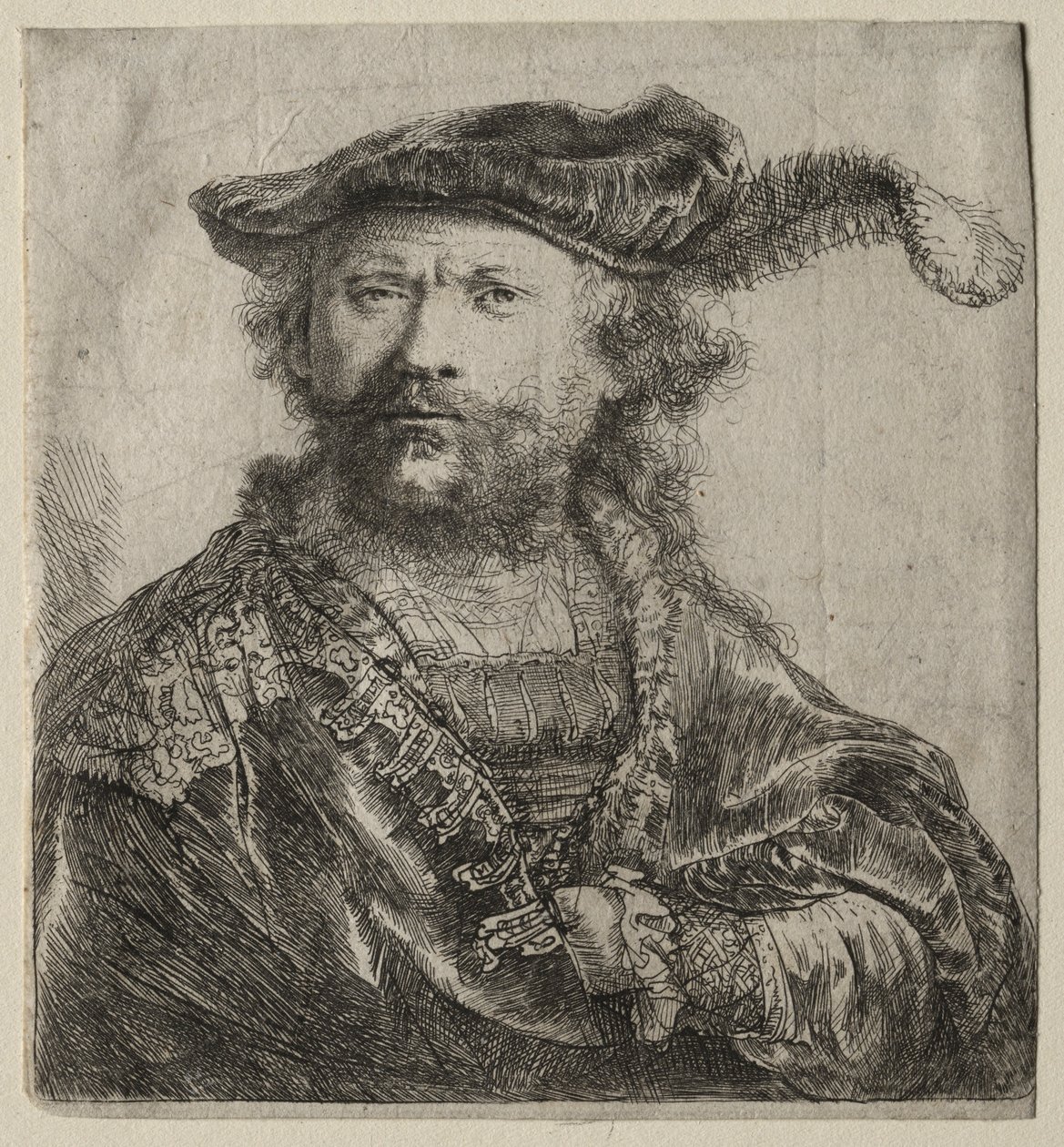 Autorretrato con gorra de terciopelo con pluma, 1638 de Rembrandt van Rijn
