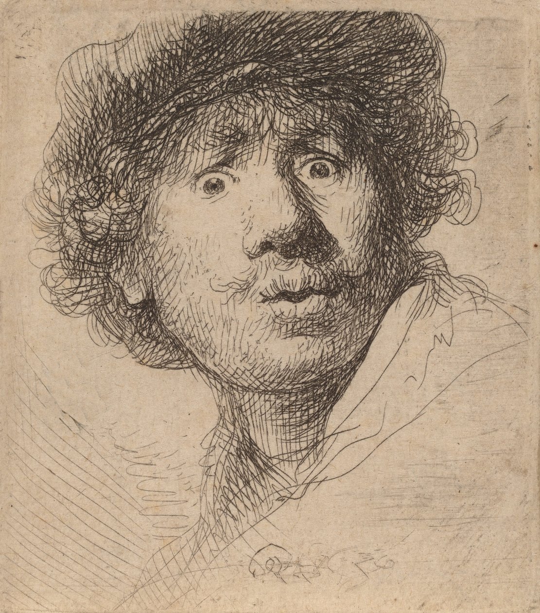 Autorretrato con gorra, boca abierta de Rembrandt van Rijn