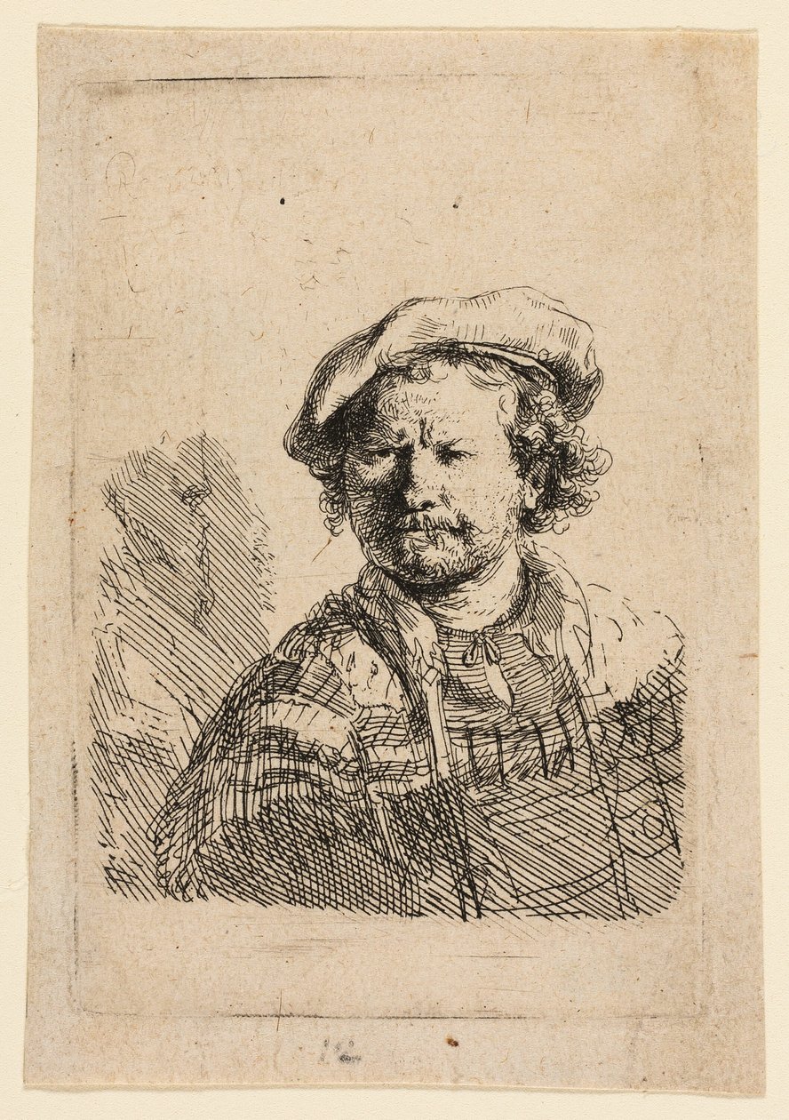 Autorretrato con gorra plana y vestido bordado de Rembrandt van Rijn