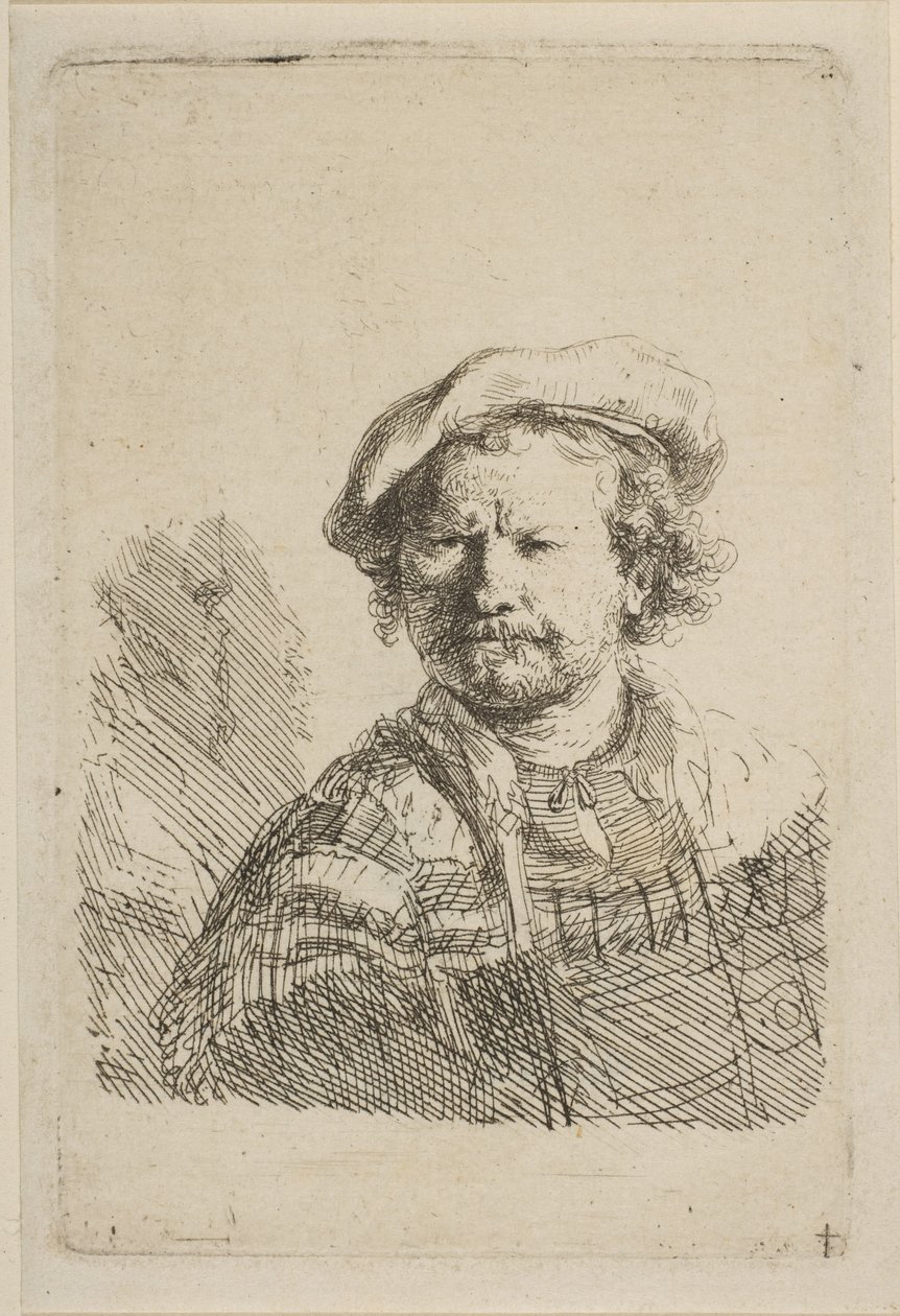 Autorretrato con Gorro Plano y Vestido Bordado de Rembrandt van Rijn
