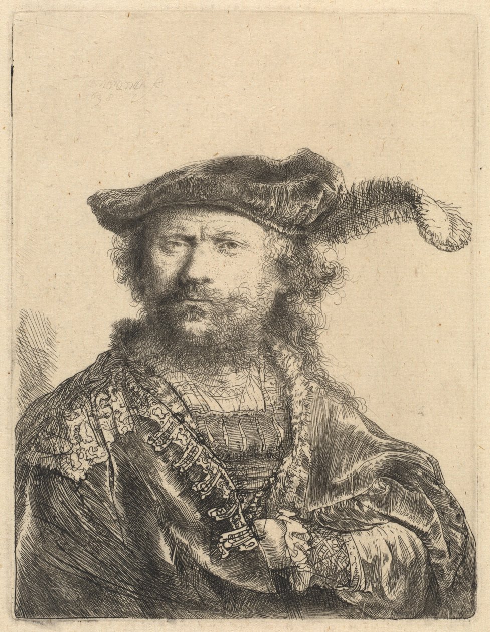 Autorretrato con gorra de terciopelo y pluma de Rembrandt van Rijn