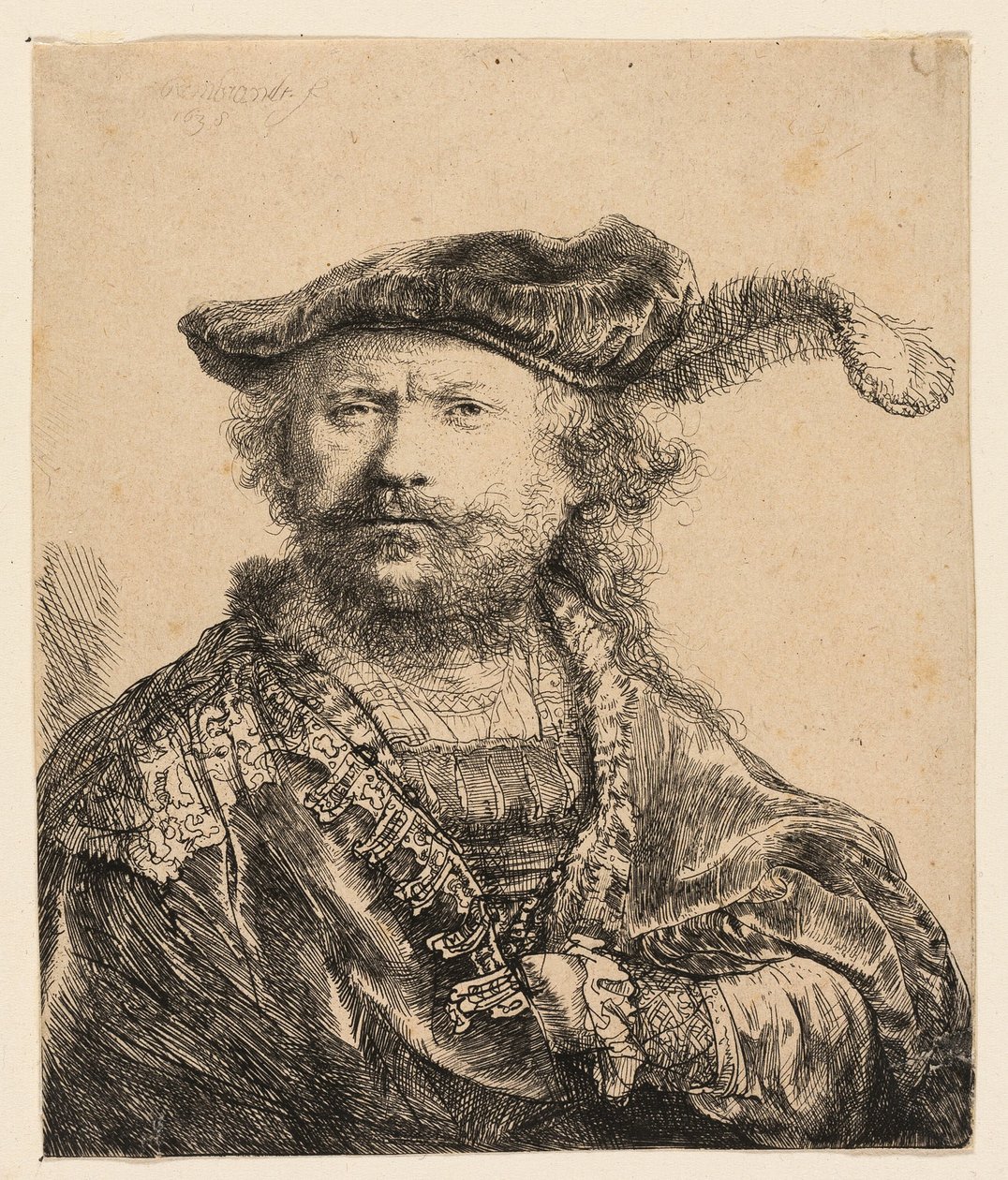 Autorretrato con gorra de terciopelo y pluma de Rembrandt van Rijn