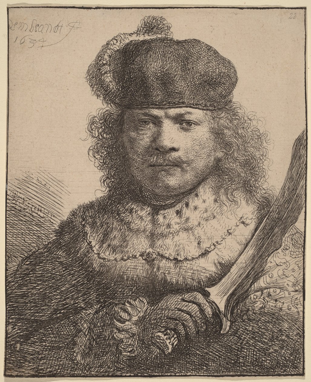 Autorretrato con sable en alto de Rembrandt van Rijn
