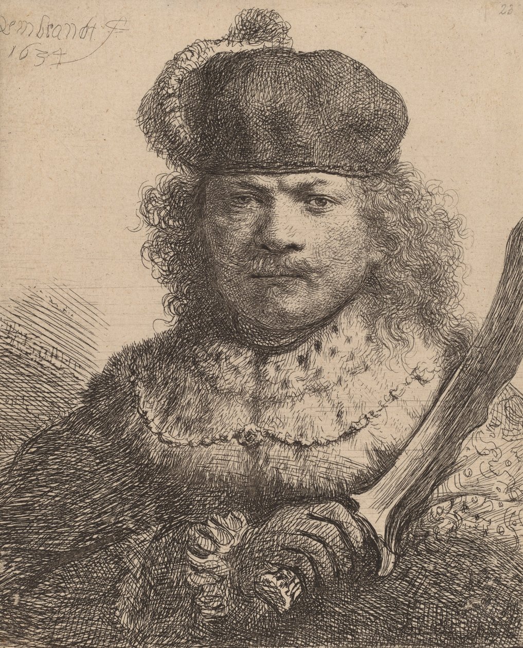 Autorretrato con sable levantado de Rembrandt van Rijn