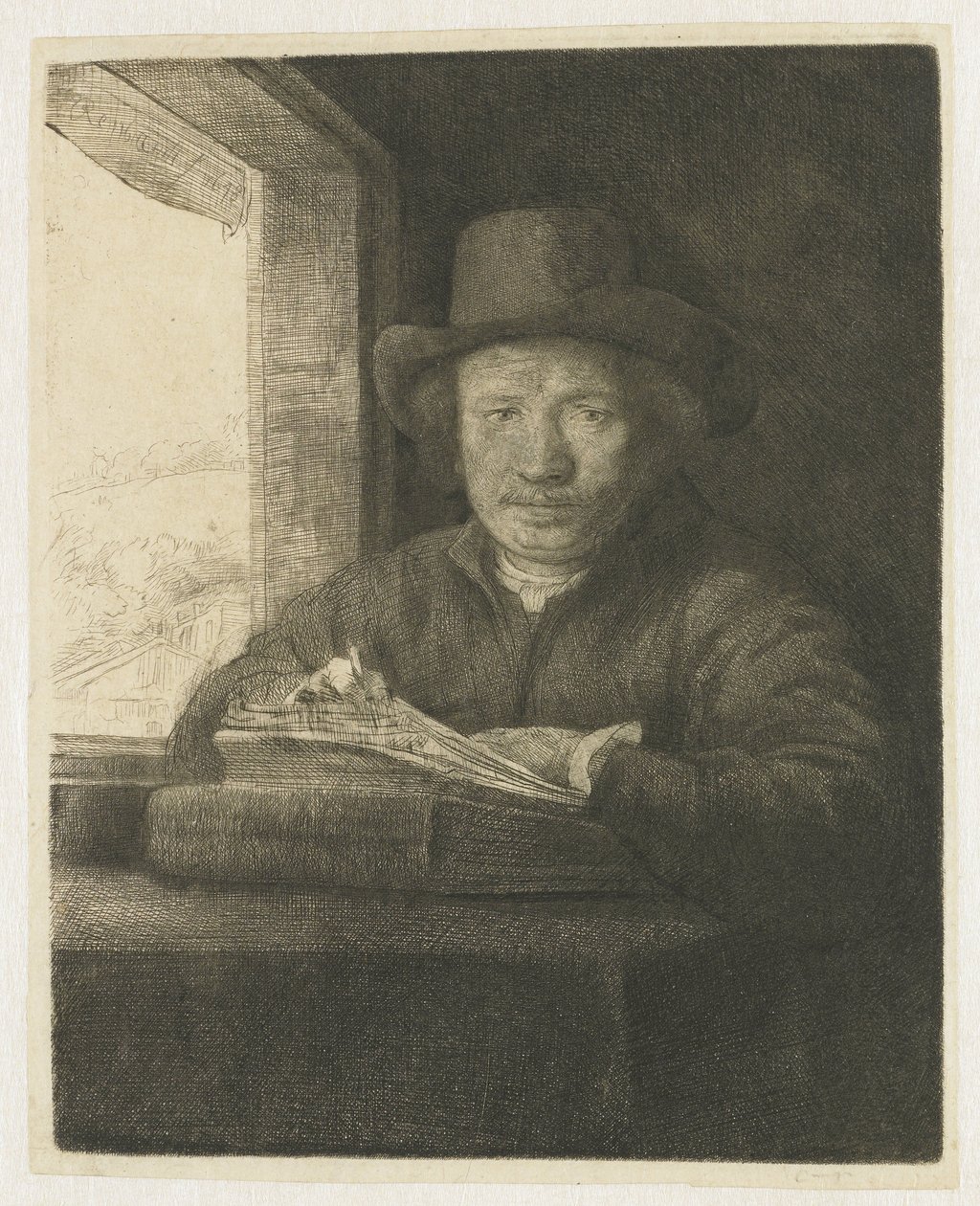 Autorretrato grabado en una ventana de Rembrandt van Rijn