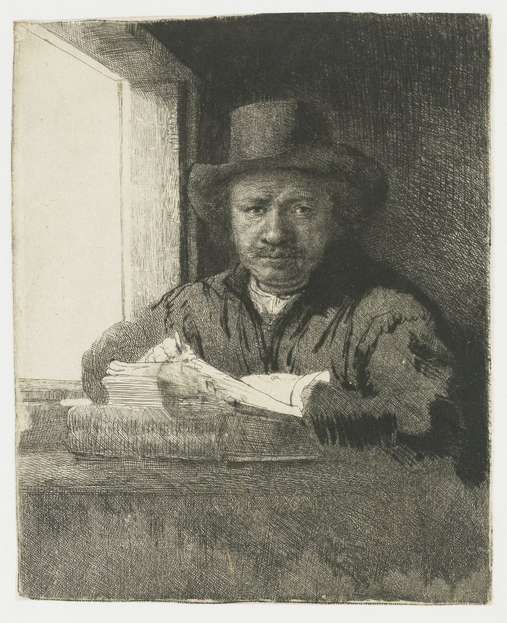 Autorretrato en aguafuerte junto a una ventana de Rembrandt van Rijn