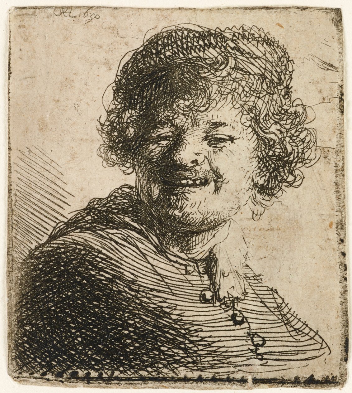 Autorretrato con gorra: riendo de Rembrandt van Rijn