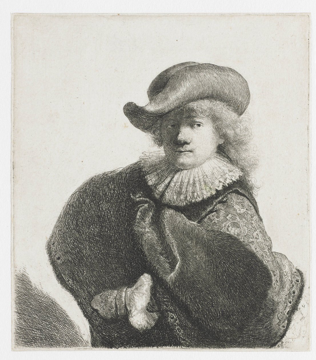 Autorretrato con un sombrero suave y una capa estampada de Rembrandt van Rijn