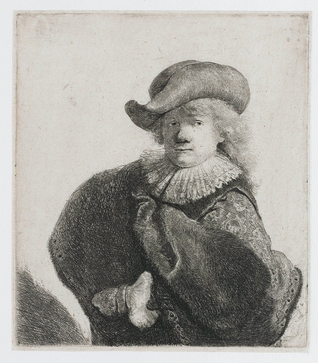 Autorretrato con un sombrero blando y una capa estampada de Rembrandt van Rijn