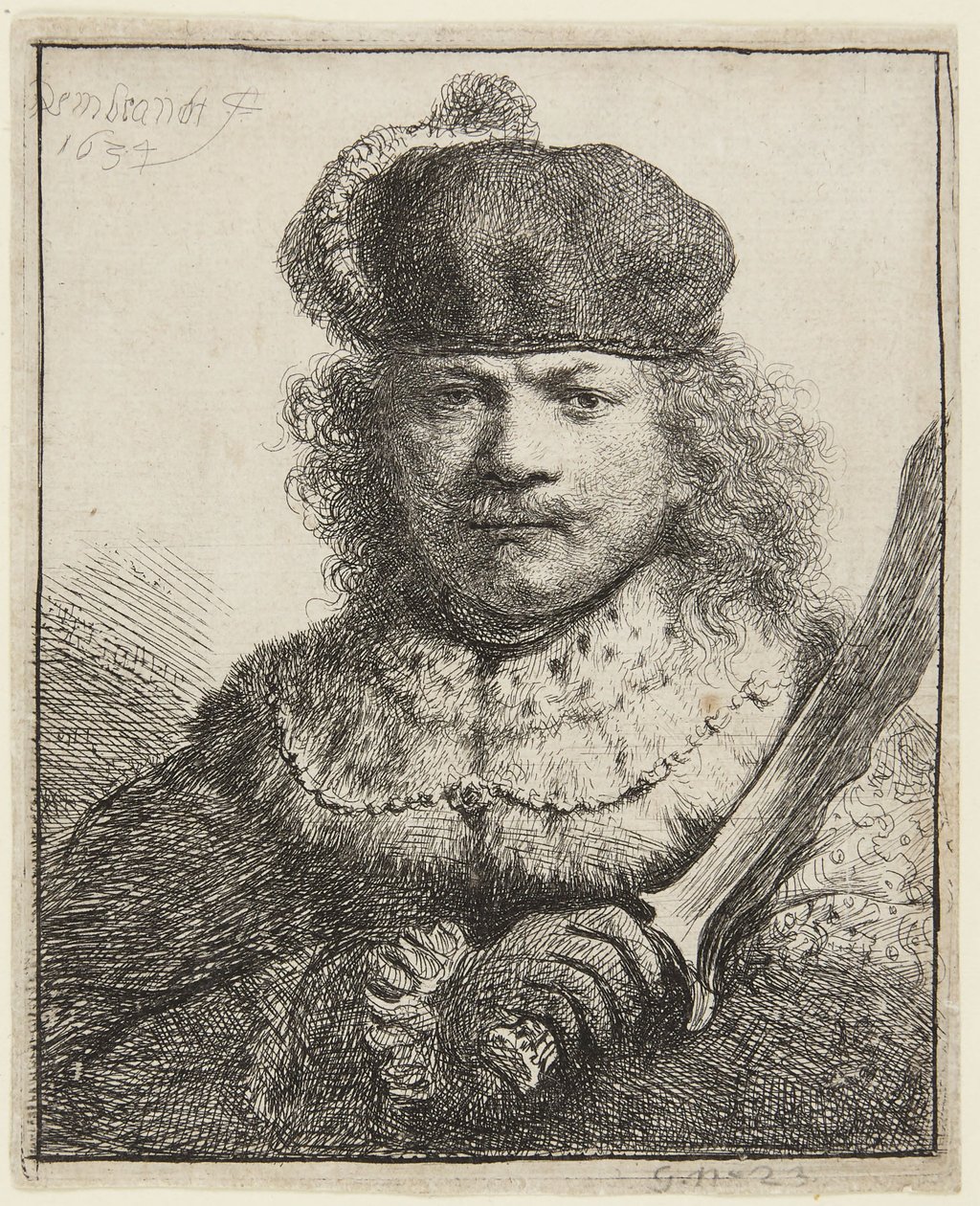 Autorretrato con sable en alto de Rembrandt van Rijn