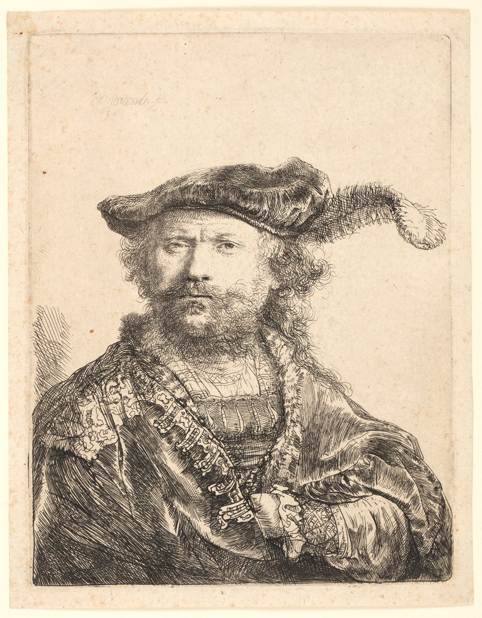 Autorretrato con gorra de terciopelo con pluma de Rembrandt van Rijn