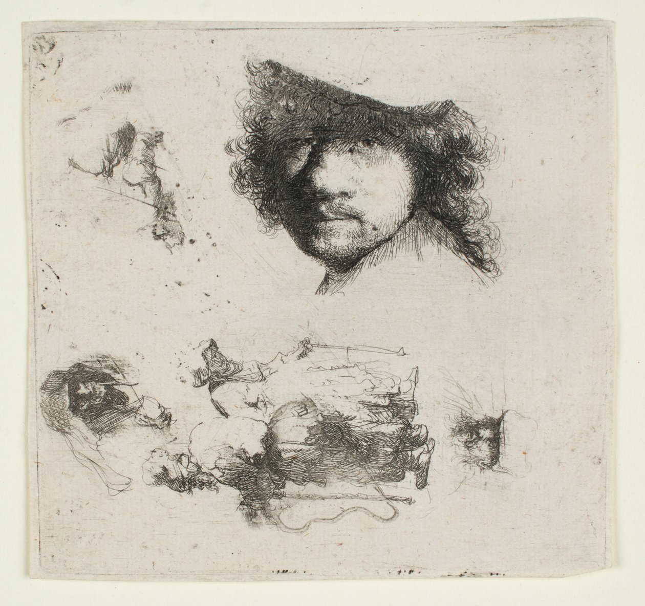 Hoja de bocetos: Cabeza del artista, una pareja de mendigos, cabezas de un anciano y una anciana, etc. de Rembrandt van Rijn