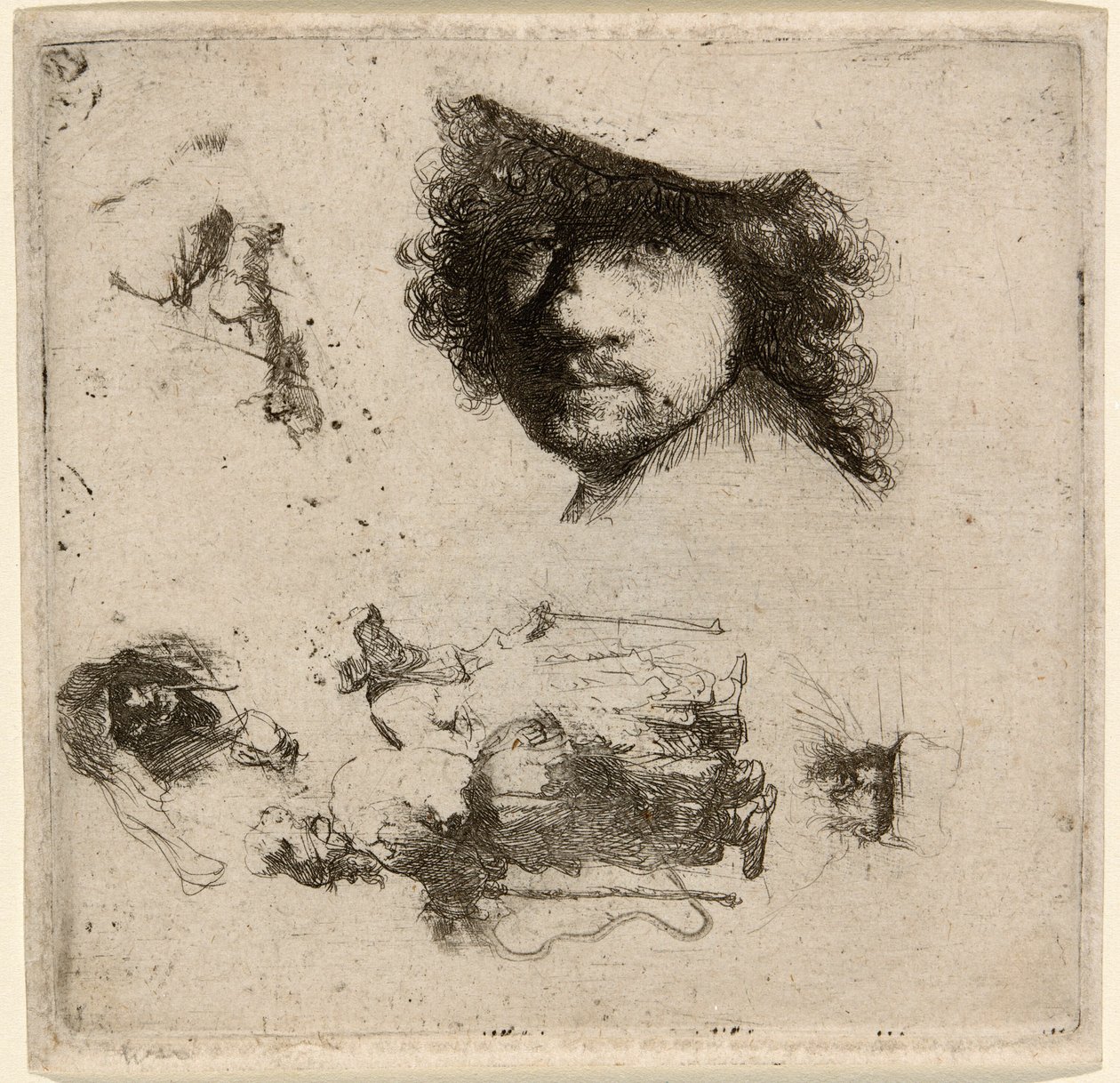 Hoja de estudios: Cabeza del artista, pareja de mendigos, cabezas de un anciano y una anciana, etc. de Rembrandt van Rijn