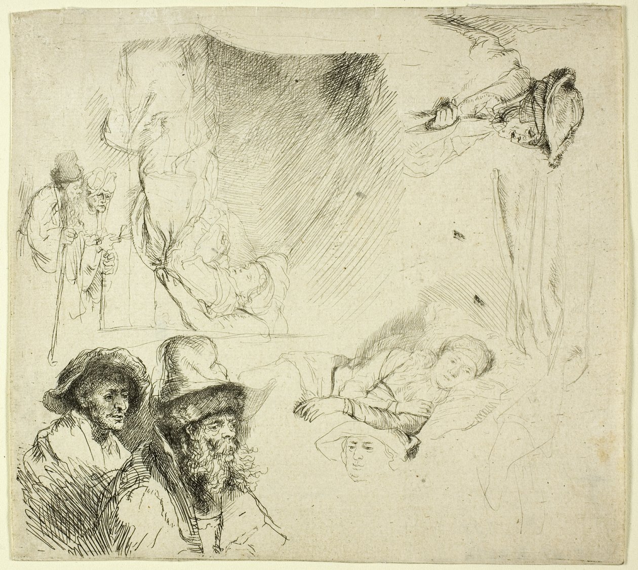 Hoja de estudios, con una mujer enferma en la cama de Rembrandt van Rijn