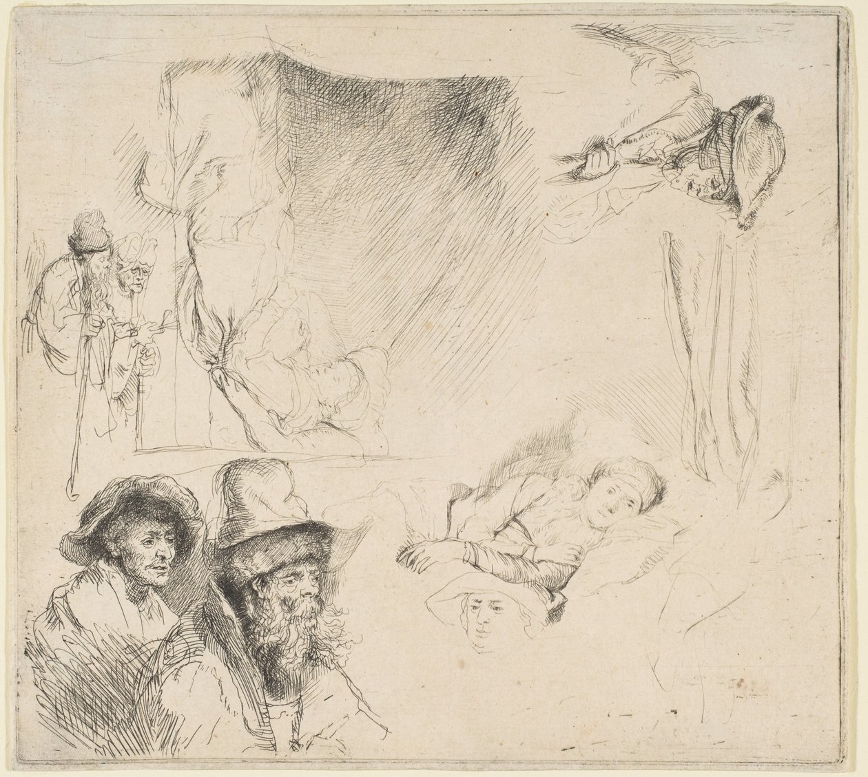 Hoja de estudios con una mujer acostada enferma en la cama, etc. de Rembrandt van Rijn
