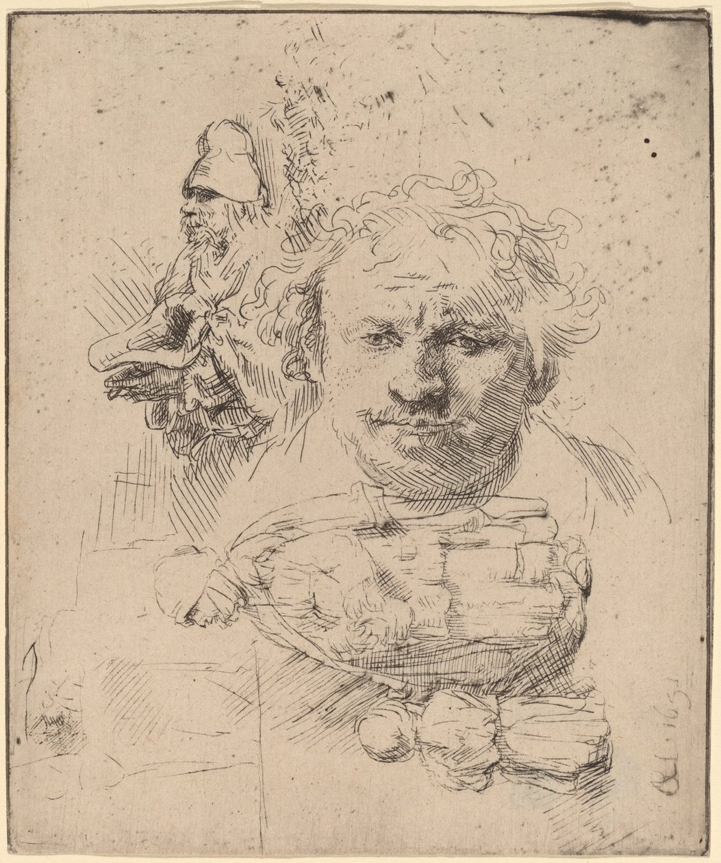 Hoja de estudios con la cabeza del artista, un mendigo y mujer con niño de Rembrandt van Rijn