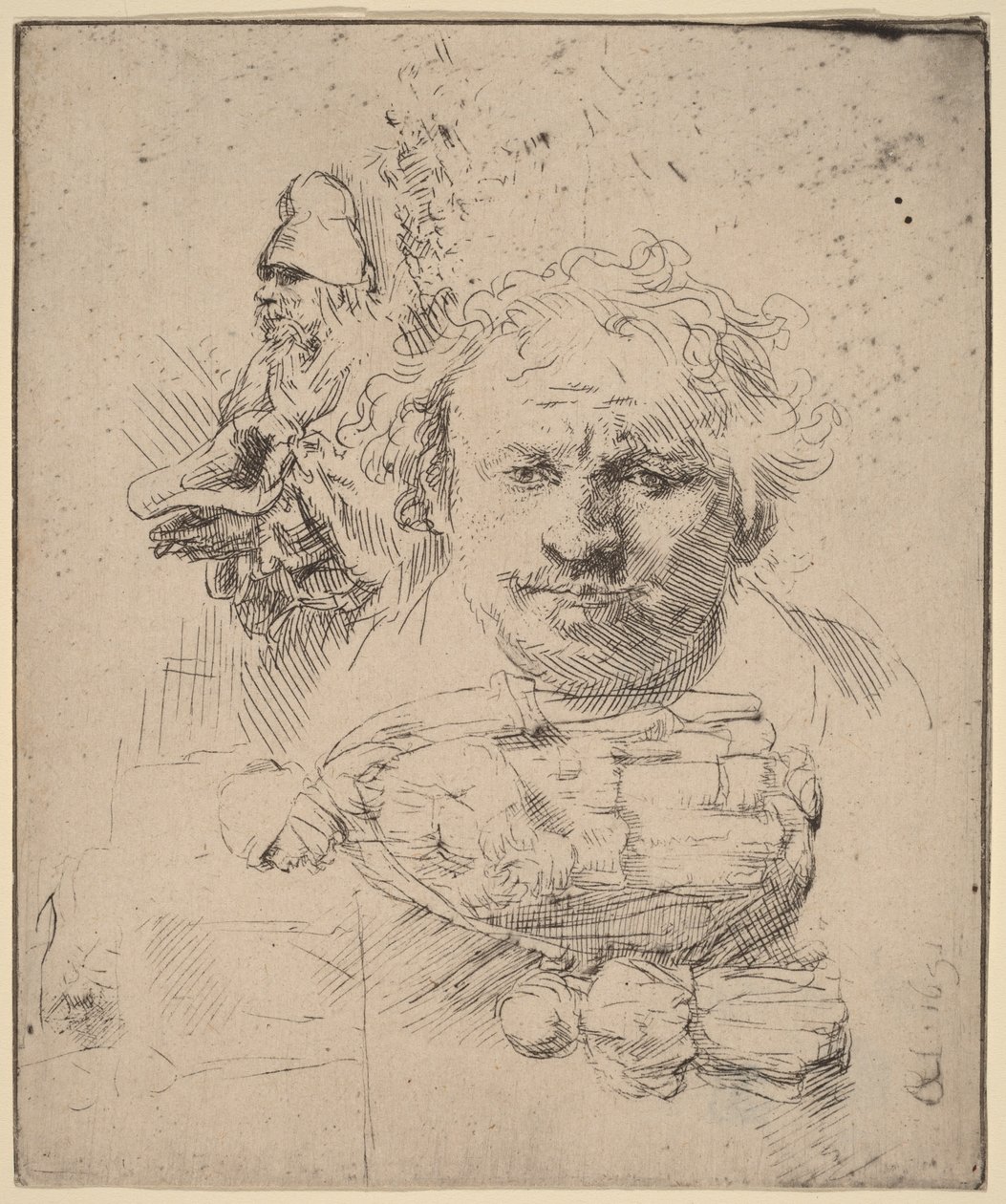 Hoja de bocetos con el retrato del artista, un mendigo, una mujer y un niño de Rembrandt van Rijn