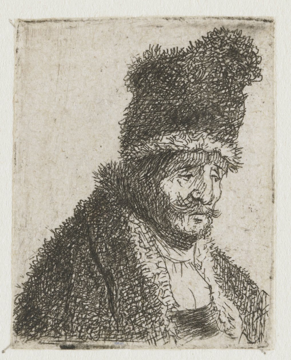 Hoja con estudios de la cabeza de un hombre: anciano con abrigo de piel y gorro alto de Rembrandt van Rijn