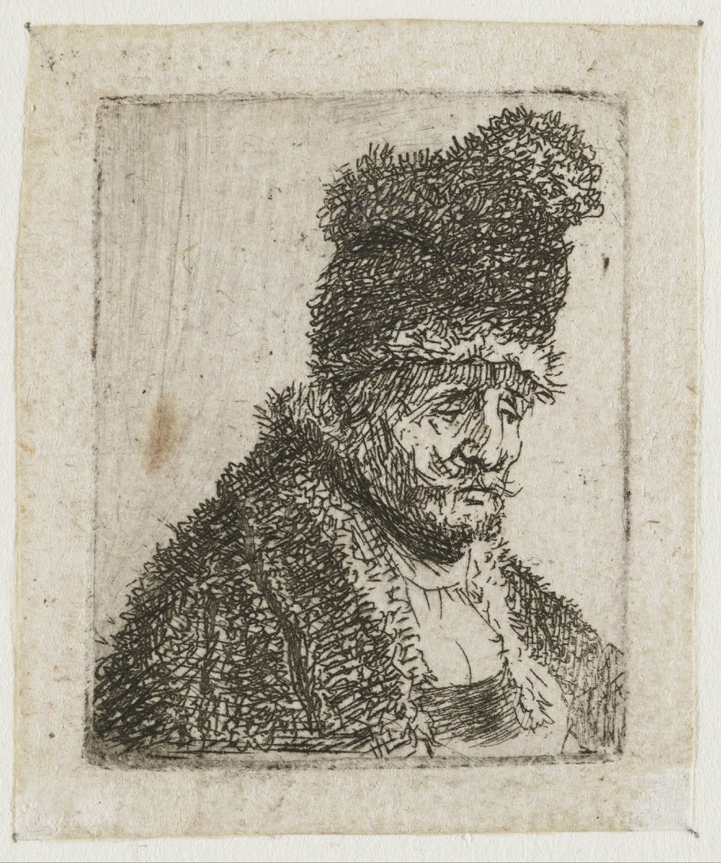 Hoja con estudios de la cabeza de un hombre: anciano con abrigo de piel y gorro alto de Rembrandt van Rijn