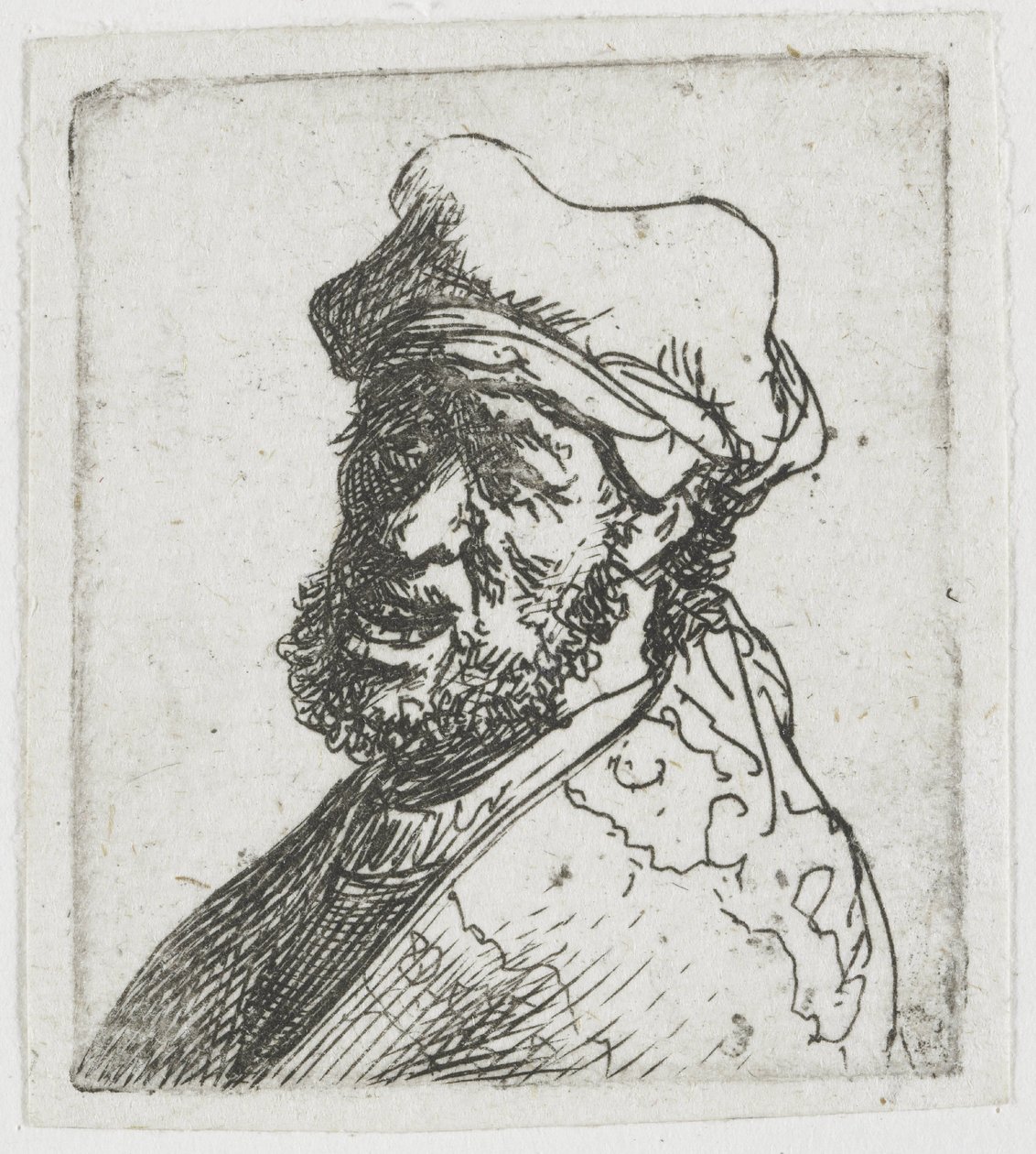 Hoja con estudios de cabezas masculinas: hombre gritando, tres cuartos a la izquierda: busto de Rembrandt van Rijn