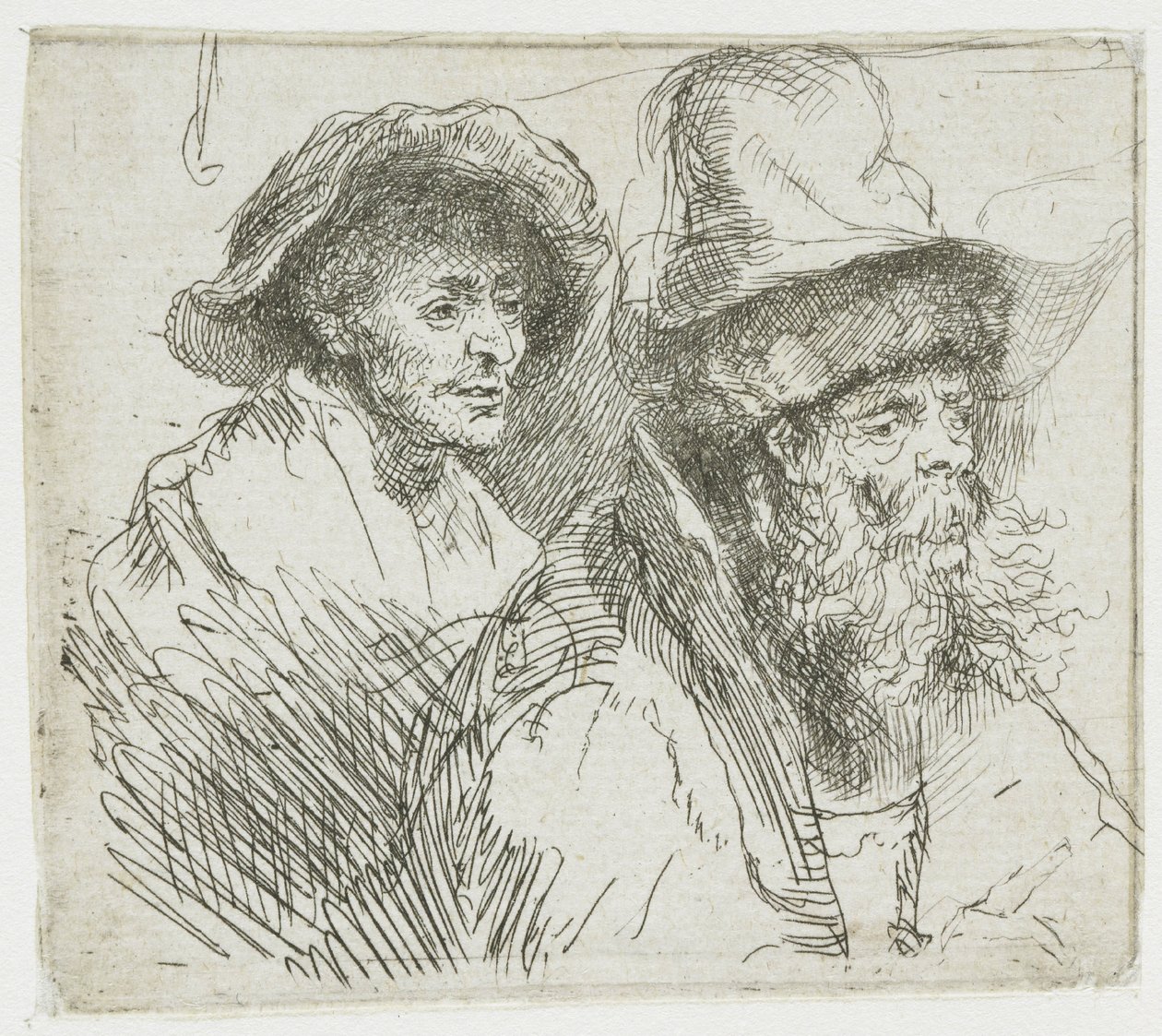 Hoja de bocetos en la que aparece una mujer enferma en la cama: bustos de dos figuras masculinas de Rembrandt van Rijn
