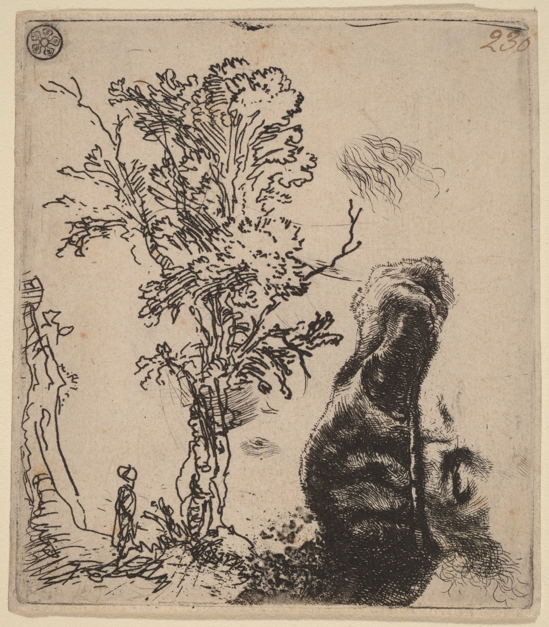 Hoja con dos bocetos: un árbol y la parte superior de la cabeza del artista con un gorro de terciopelo de Rembrandt van Rijn