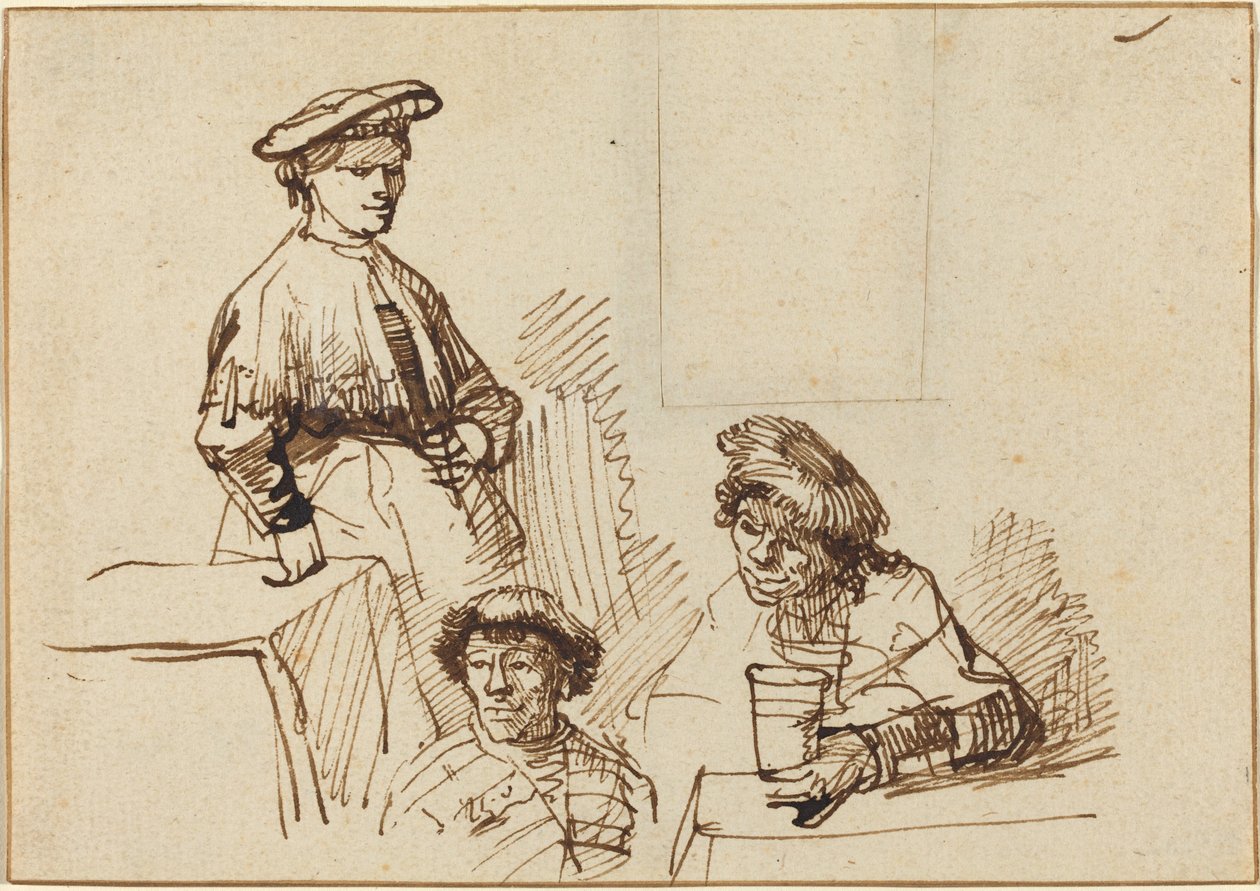 Bocetos de una taberna: Mujer de pie y dos hombres sentados de Rembrandt van Rijn