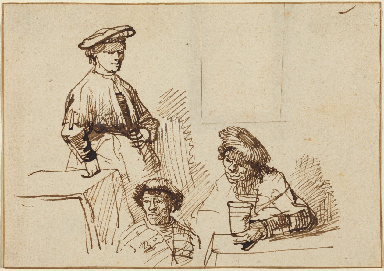 Bocetos de una taberna: una mujer de pie y dos hombres sentados de Rembrandt van Rijn