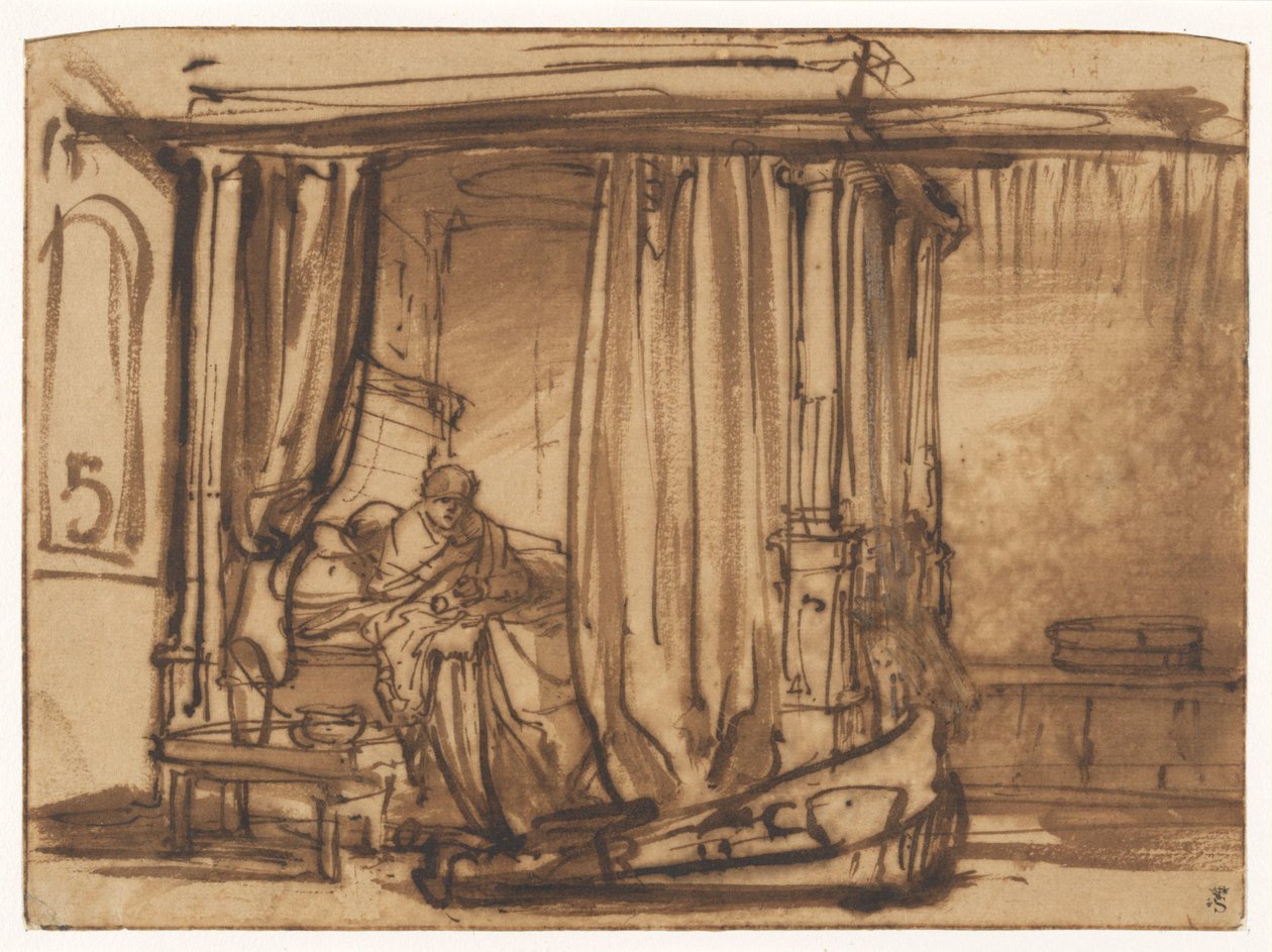 Dormitorio con Saskia sentada en una cama con dosel de Rembrandt van Rijn