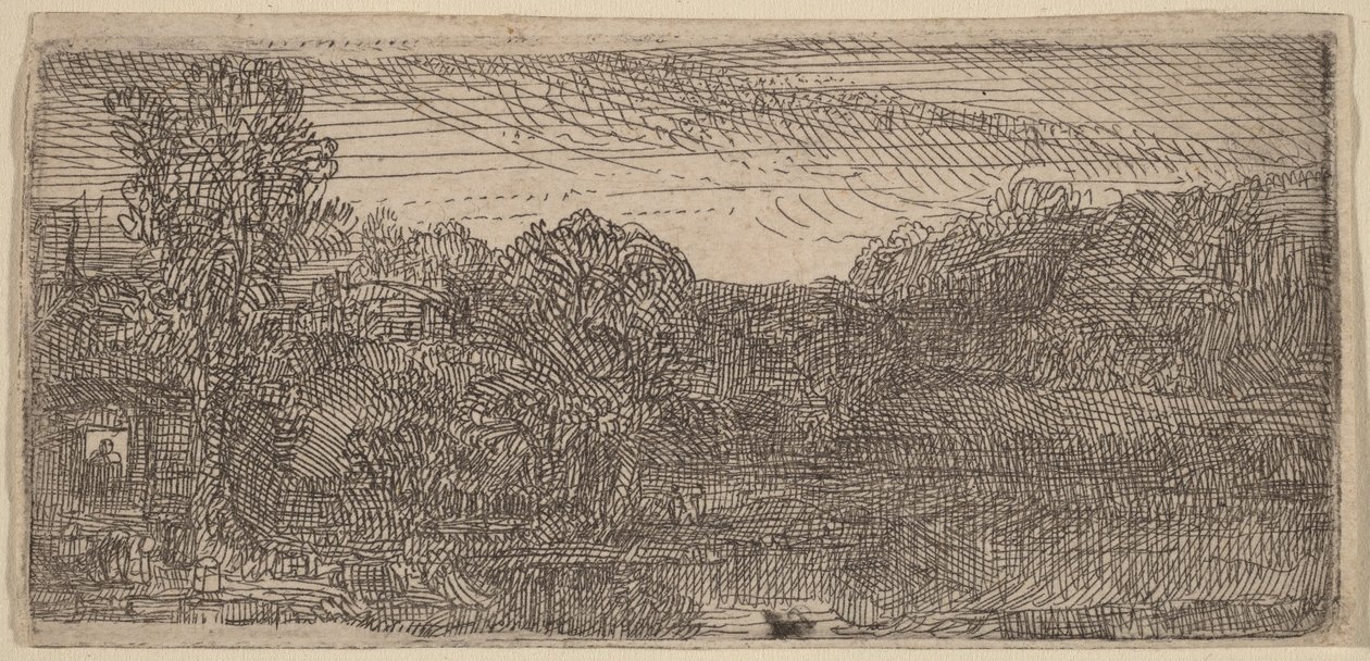 Pequeño paisaje gris: una casa y unos árboles junto a una piscina de Rembrandt van Rijn